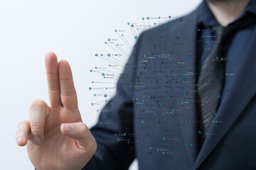Business professional exploring global data connection, using digital interface for innovative technology and future concepts.