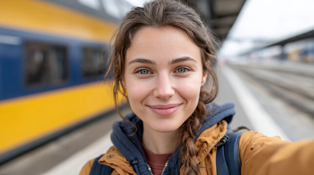 Joyful celebration of bank holiday with young traveler at train station