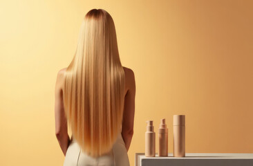 Back View of Woman with Long Straight Blonde Hair and Cosmetic Products