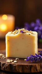 Handmade soap bar with lavender and candle light