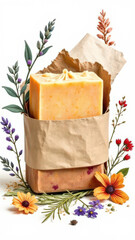 Artisanal Handmade Soap Bars with Herbs and Wildflowers in Kraft Paper Packaging