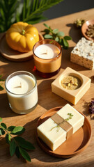 Still Life of Natural Soy Candles, Handmade Soap, and Autumn Decor on a Wooden Table