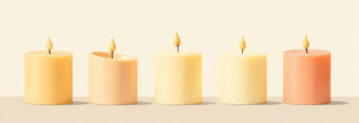 Row of Five Lit Pillar Candles in Warm Neutral and Pastel Tones