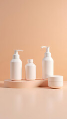 Soft pastel cosmetic bottles on tray