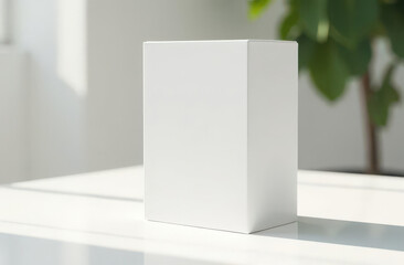 Minimal white packaging box mockup in natural light