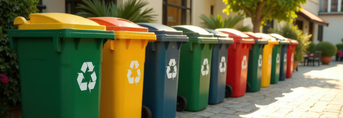 Recycling bins row on city street