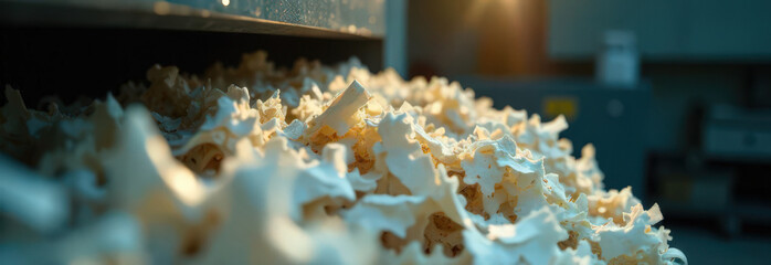 Texture of Shredded White Paper Waste with Industrial Light and Dark Background