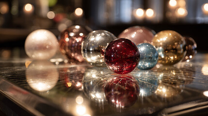 Minimalist glass ornaments displayed on a mirrored table under soft lights. 