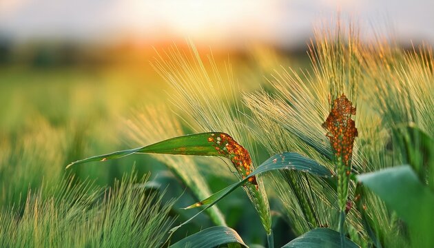 Wheat Leaf With Rust Orange Fungal Spots In Field
