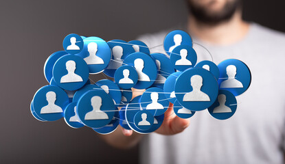 Hand holding a network of connected user icons. Represents social connections, teamwork, business...