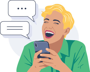 Woman laughing and texting on her smartphone illustration