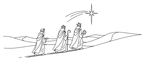 Three Wise Men Following Star of Bethlehem Christmas Nativity Scene Line Art