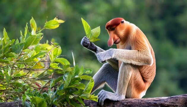 Proboscis Monkey Or Nasalis Larvatus Eating Leaves In Tanjung Puting National Park Indonesia Kalimantan Borneo Island
