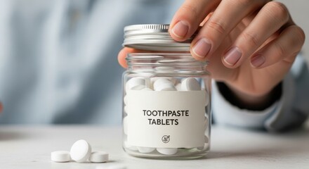Person holding jar of toothpaste tablets on white countertop