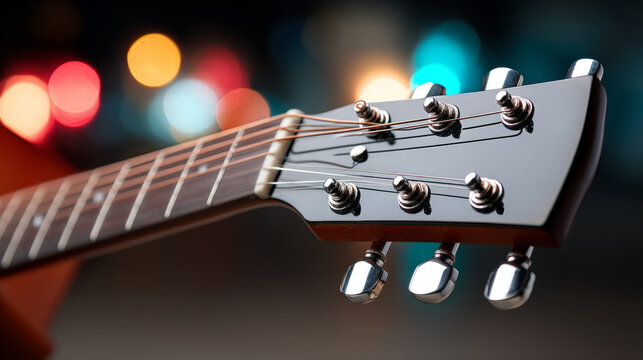 Close up of guitar neck with reflective stage lights for music event design