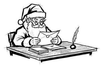 Santa Claus Reading Christmas Letters at Desk Hand Drawn Vector Sketch Illustration