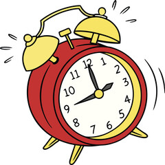 Cartoon Morning Alarm Clock Illustration  Red Clock with Sound Effect Lines and White Face Isolated
