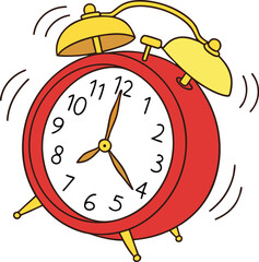Flat Cartoon Alarm Clock Ringing  Bright Red Clock Icon for Morning Time or Schedule Concept