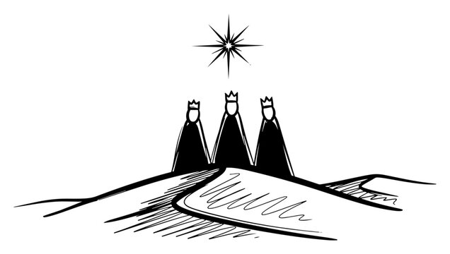 Minimal brush sketch of three wise men on desert dunes following the bethlehem star nativity christmas vector