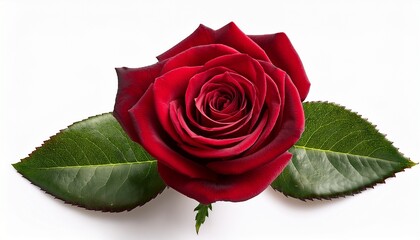 Naklejka premium Dark Red Rose With Green Leaves Isolated On White Background