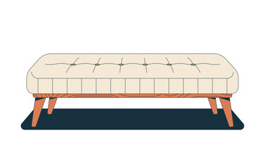 Elegant tufted bedroom bench 2D cartoon object. Upholstered furniture. Cozy furnishing. Elegant seating. Soft cushion with wooden legs isolated element flat vector clip art on white. Spot illustration