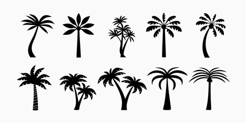 Collection of diverse black palm tree silhouettes on a white background representing tropical and exotic locations