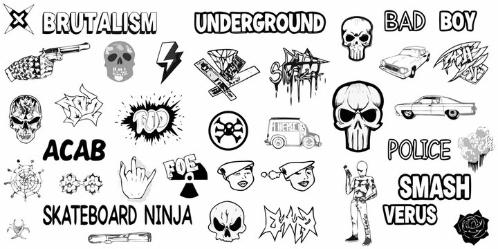 Collection of black and white graffiti style illustrations featuring skulls cars and rebel symbols