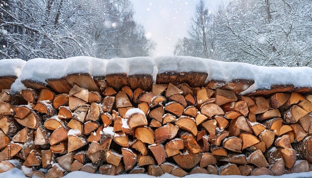 Textured Firewood Background Chopped Wood For Kindling And Heating Woodpile Stacked Firewood Birch Tree Covered Fresh Icy Frozen Snow And Snowflakes Cold Weather And Snowy Winter Time Season Banner - Powered by Adobe