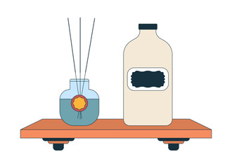 Bathroom shelf with diffuser and cosmetic bottle 2D cartoon object. Home spa. Scented sticks, self care, skincare products isolated element flat vector clip art on white. Spot illustration