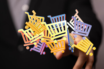 Abstract digital shopping carts floating representing online shopping concept and e-commerce...