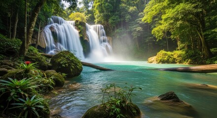 Obraz premium Lush Tropical Waterfall with Turquoise Pool in Green Forest