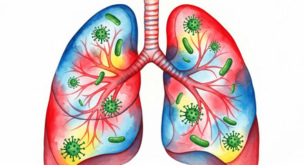 Diseased lungs with green viruses and bacteria respiratory infection