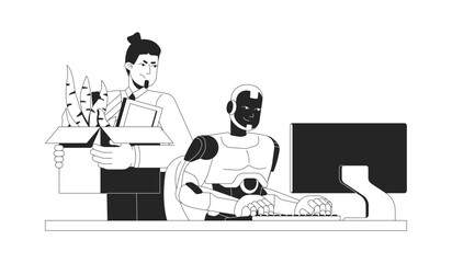 AI takeover line illustration concept. Job displacement. Artificial intelligence workforce. Robot replaces human employee in workplace outline 2D characters isolated. Ink linear metaphor vector art