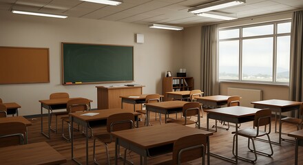 Empty classroom with desks, chairs, and blackboard ready for lesson