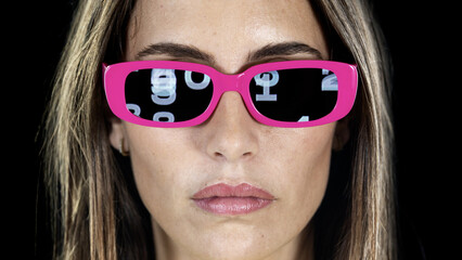 a pretty female with glasses with code