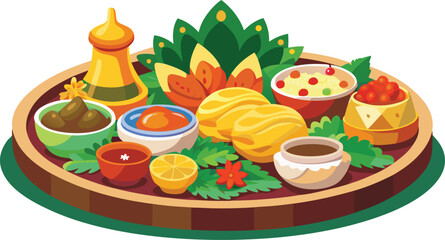  International festive food platter decorated with herbs and sauces in realistic icon style.