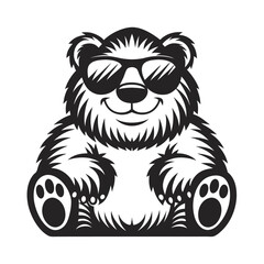 Monochrome bear sits happily wearing sunglasses showing off its paws and is isolated