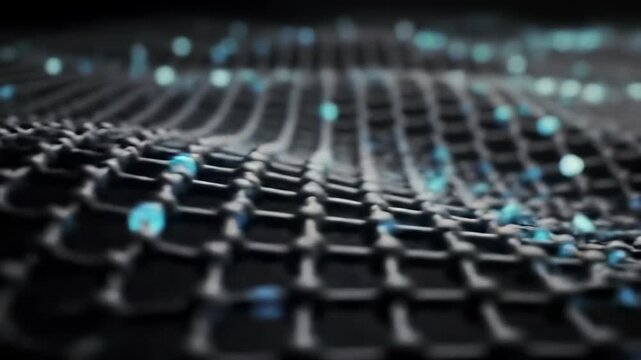 Graphene lattice animation: a dynamic molecular science visualization depicting future nanotechnology and abstract energy flow in a hexagonal carbon structure.