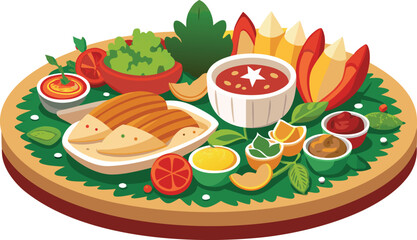 International festive food platter decorated with herbs and sauces.