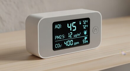 Air quality monitor displaying environmental data on wooden surface