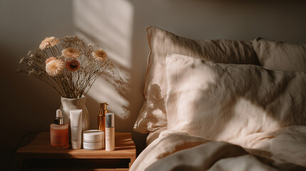 Minimal bedroom morning routine: skincare items on bedside table