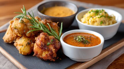 Golden fried pakoras served with flavorful dipping sauces and a side dish on a slate board