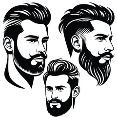 Monochrome bearded man faces display stylish haircuts and mustaches in an artistic composition