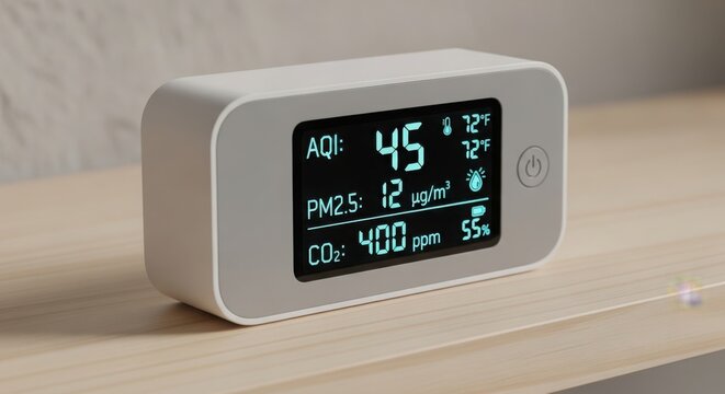 Air quality monitor displaying environmental data on wooden surface