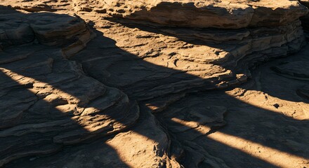 The textured surface of a cliff face with clinging shadows.