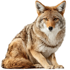 Fototapeta premium Close-up of a light brown Coyote with pointy ears sitting upright and looking directly at the viewer on a transparent background