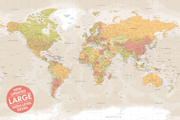 Vector world map large detailed layered updated edition in warm color vintage beige style