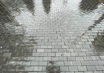 Abstract background. New cobblestone pavement closeup