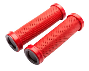 Pair of red bicycle handlebar grips with textured surface isolated on transparent background