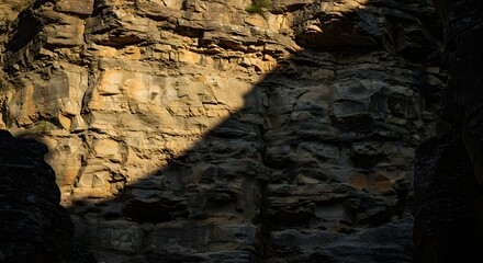 The textured surface of a cliff face with clinging shadows.
